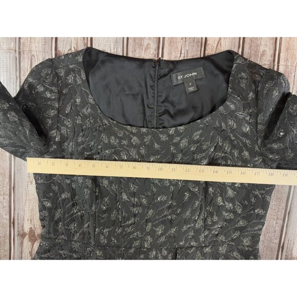 St John silk Black Metallic Siver Textured Floral Print Peplum Sheath Dress Sz 8 - Picture 7 of 9